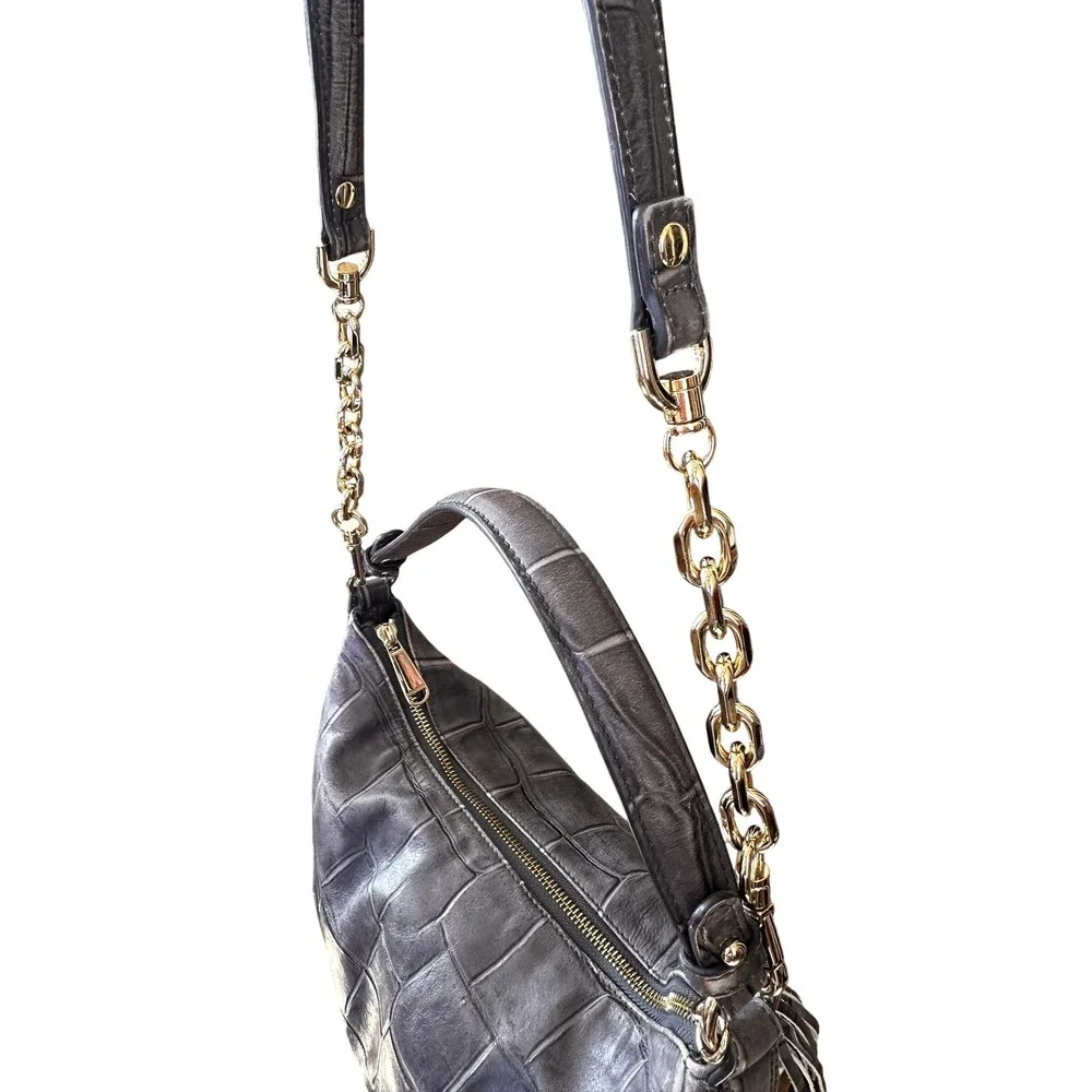 Brahmin Grey Croc Embossed‎ Leather Shoulder Bag Gold Chain Tassel Accent